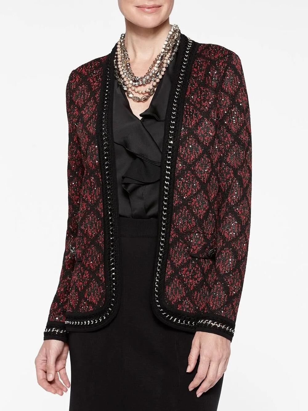 Misook Crochet Chain Trim Mini Sequin Knit Jacket Crimson Red Black Size Medium